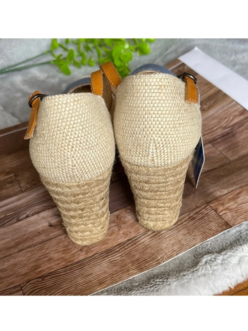 White Mountain Blue Canvas Espadrille Wedge Sandals with Tan Ankle Straps